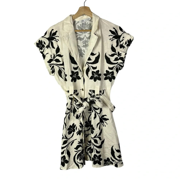 Zara White & Black Lily Floral Linen Button Down Belted Mini Dress M - Picture 2 of 6